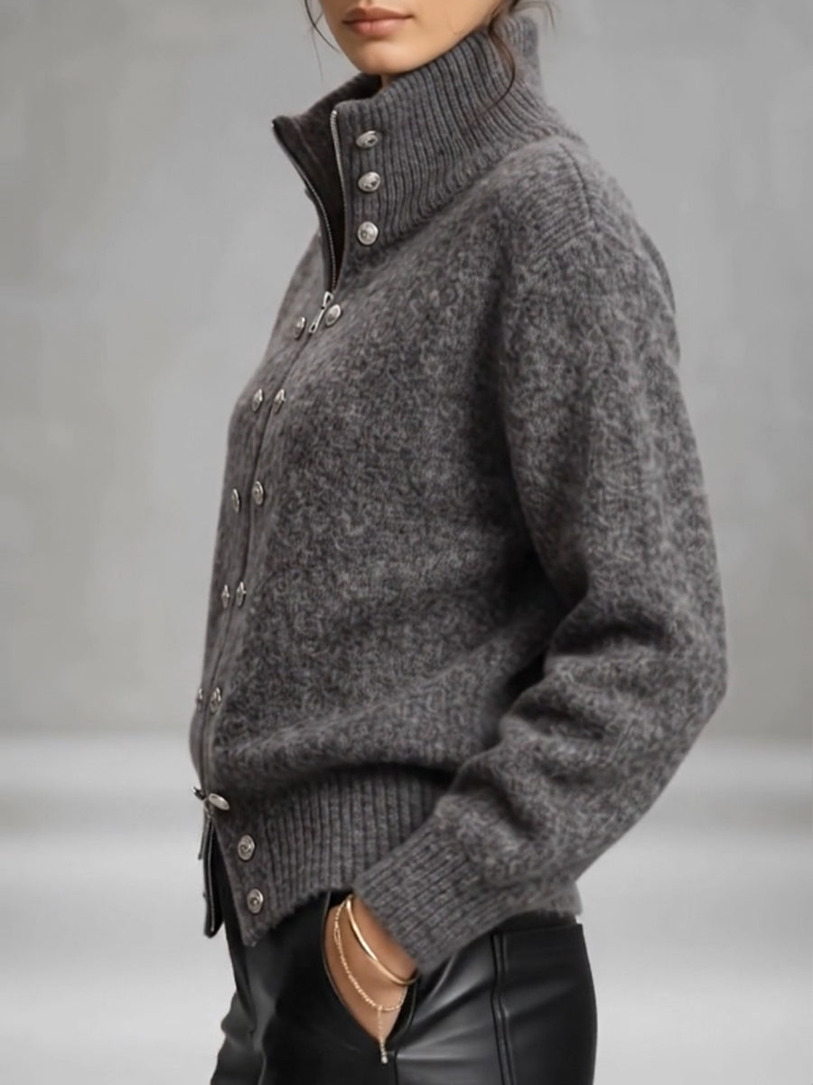 Cozy And Chic Wool-blend High-neck Zip-up Knit Cardigan With Dual-closure Detail.