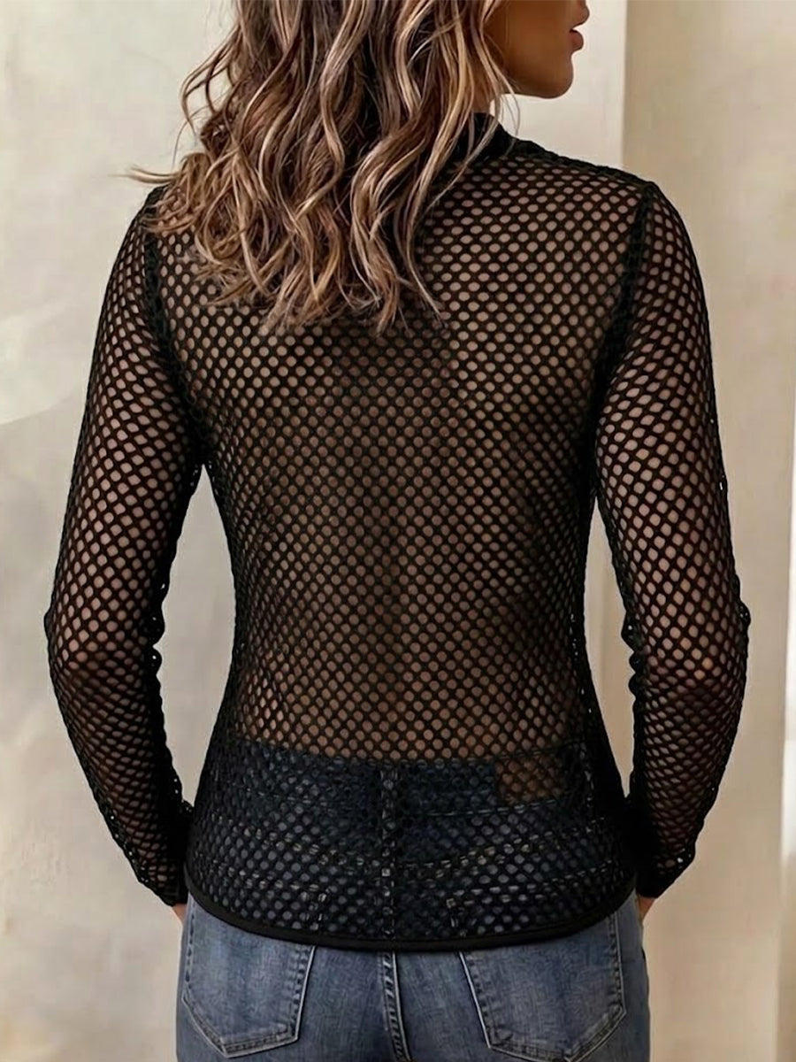 Long-sleeve Top With A Stand Collar, Zipper, And Mesh Paneling