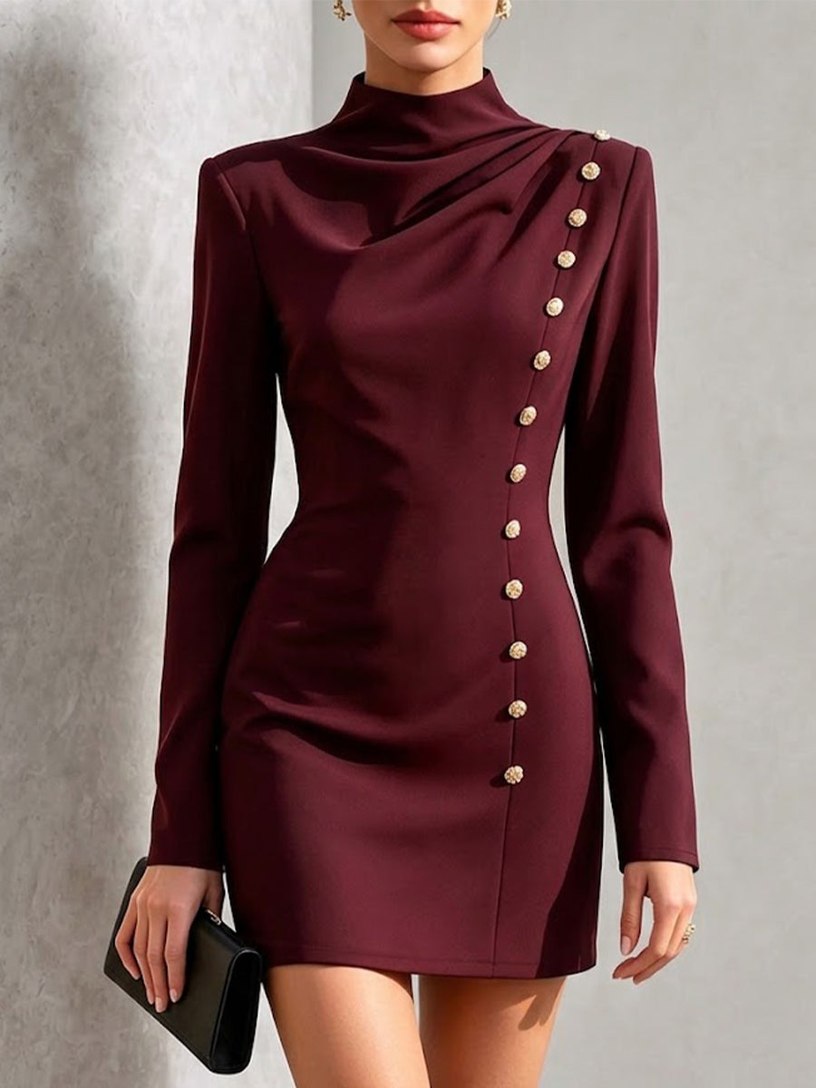 Long-sleeve, Slim-fit Mini Dress Featuring A Mock Neck And Decorative Gold Buttons On The Side