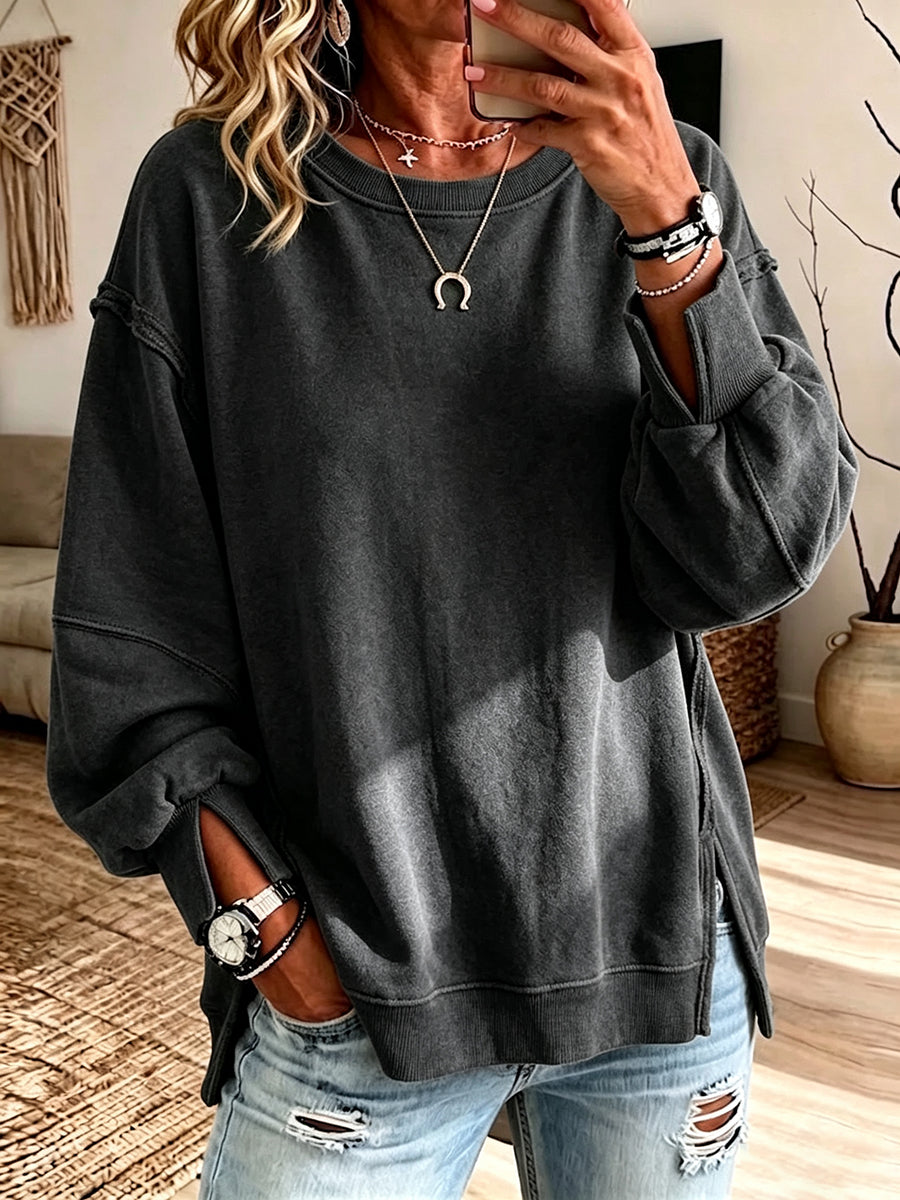 Casual Oversized Cotton Crew-neck Sweatshirt With Exposed Seams