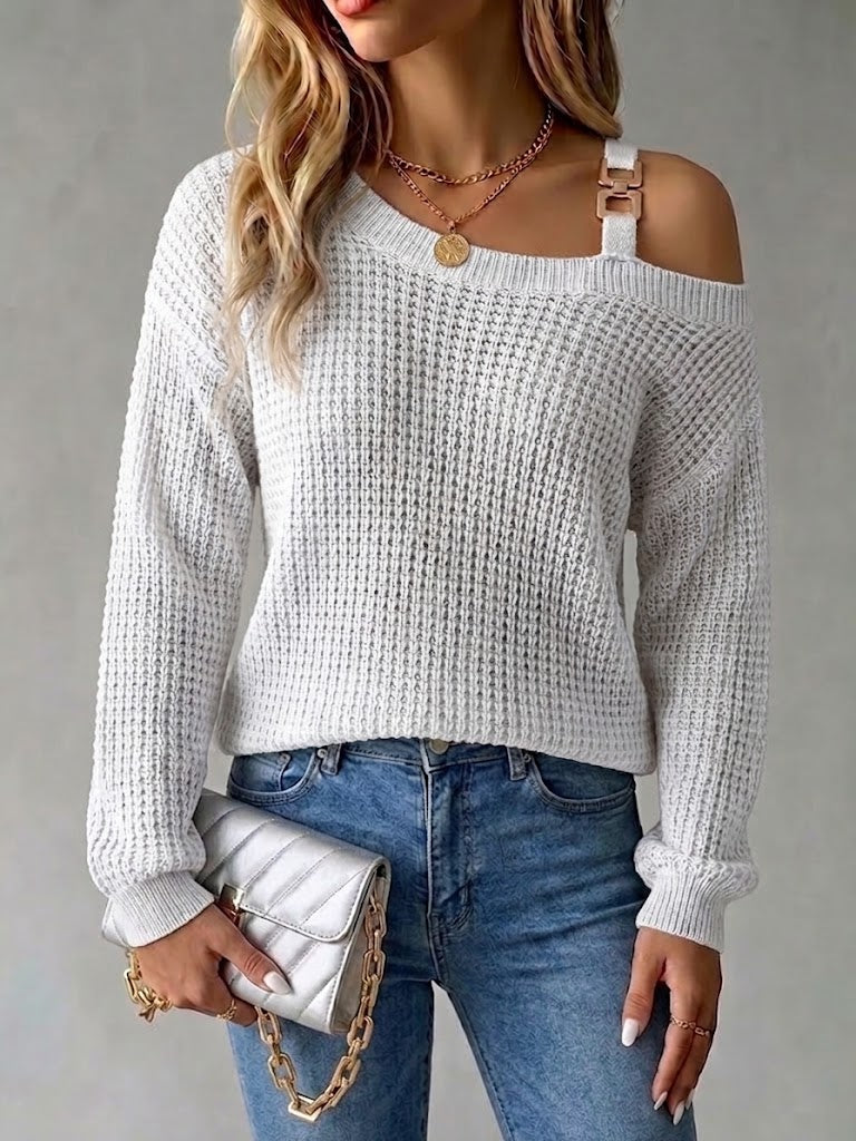 Casual Off-shoulder Pullover Sweater With Metal Buckle And Lantern Sleeves