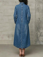 High Neck Diagonal Button Large Pocket Denim Maxi Dress
