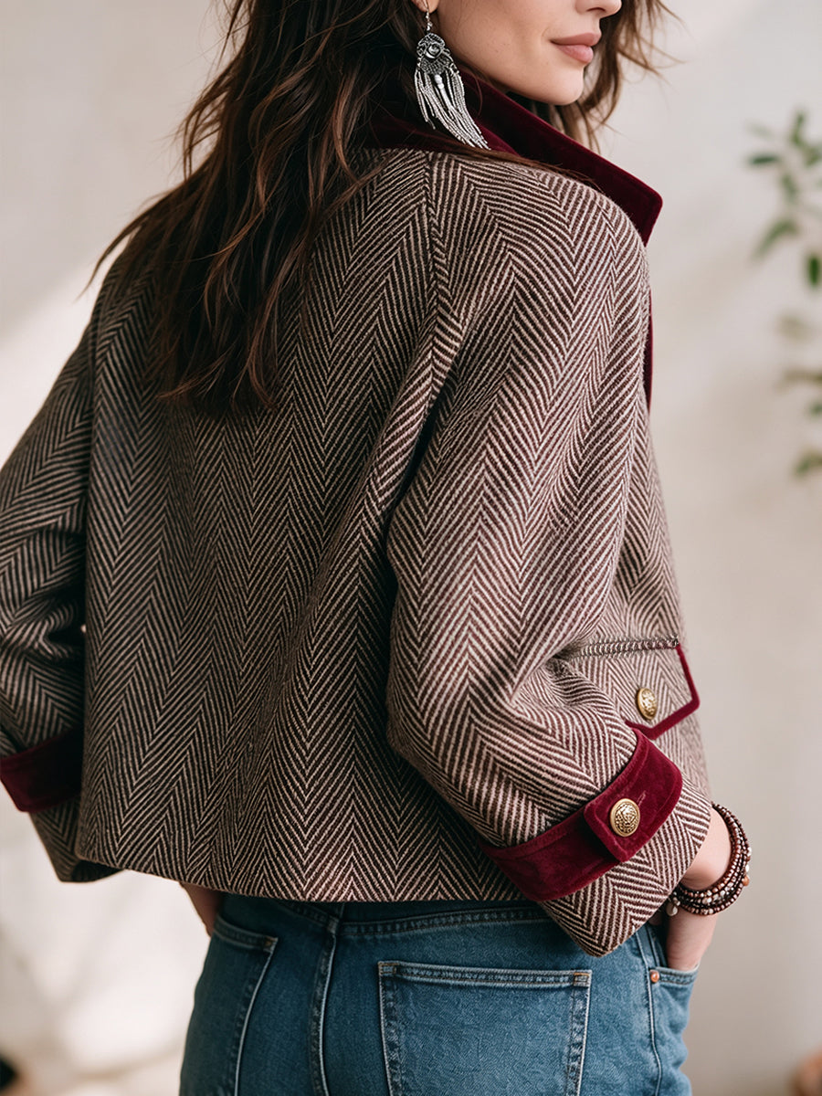 Vintage-style Cropped Herringbone Tweed Jacket With Burgundy Velvet Trim