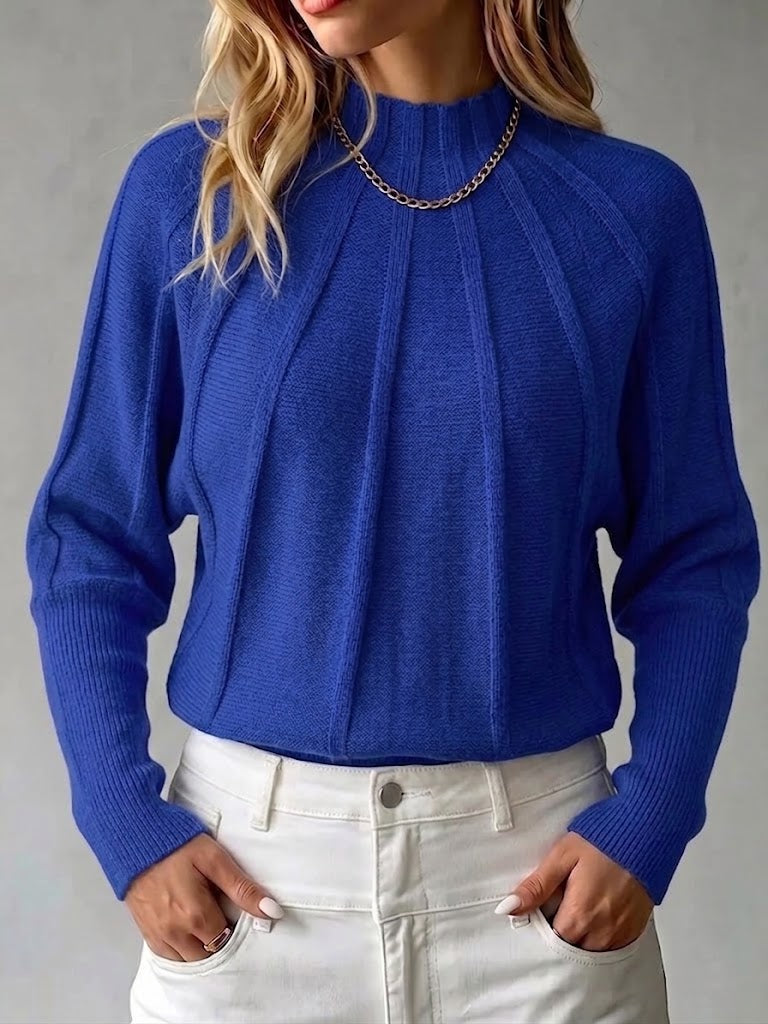 Solid-color Mock-neck Knit Pullover With Batwing Sleeves—a Versatile Staple