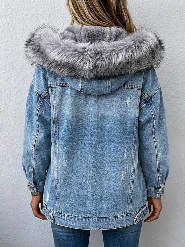 Casual, Warm, Distressed Denim Jacket With A Faux-fur Lining And Hood.
