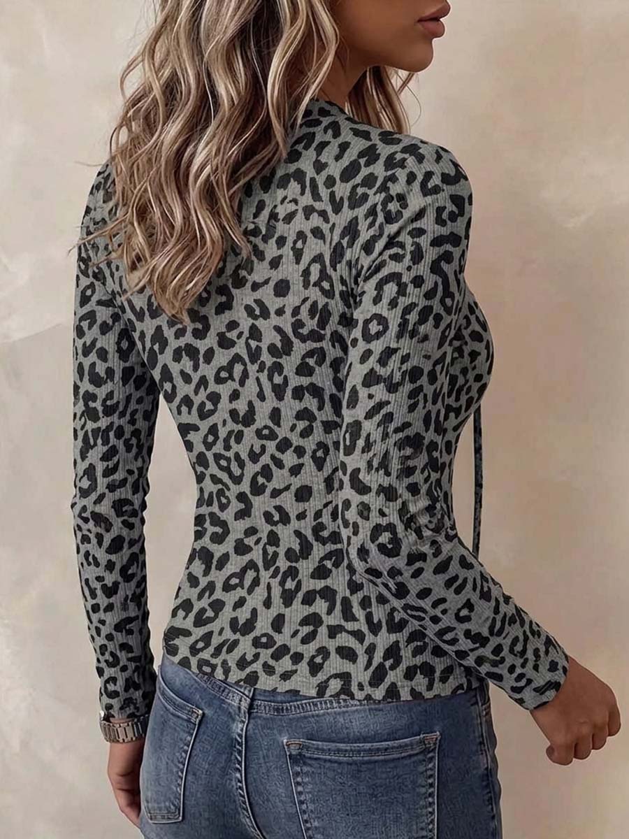 Women's Leopard Print Cut-out Crew Neck Lace-up Long-sleeve Slim-fit Casual Top