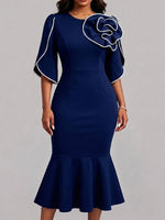 3d Floral Applique Flare Sleeve Mermaid Midi Dress