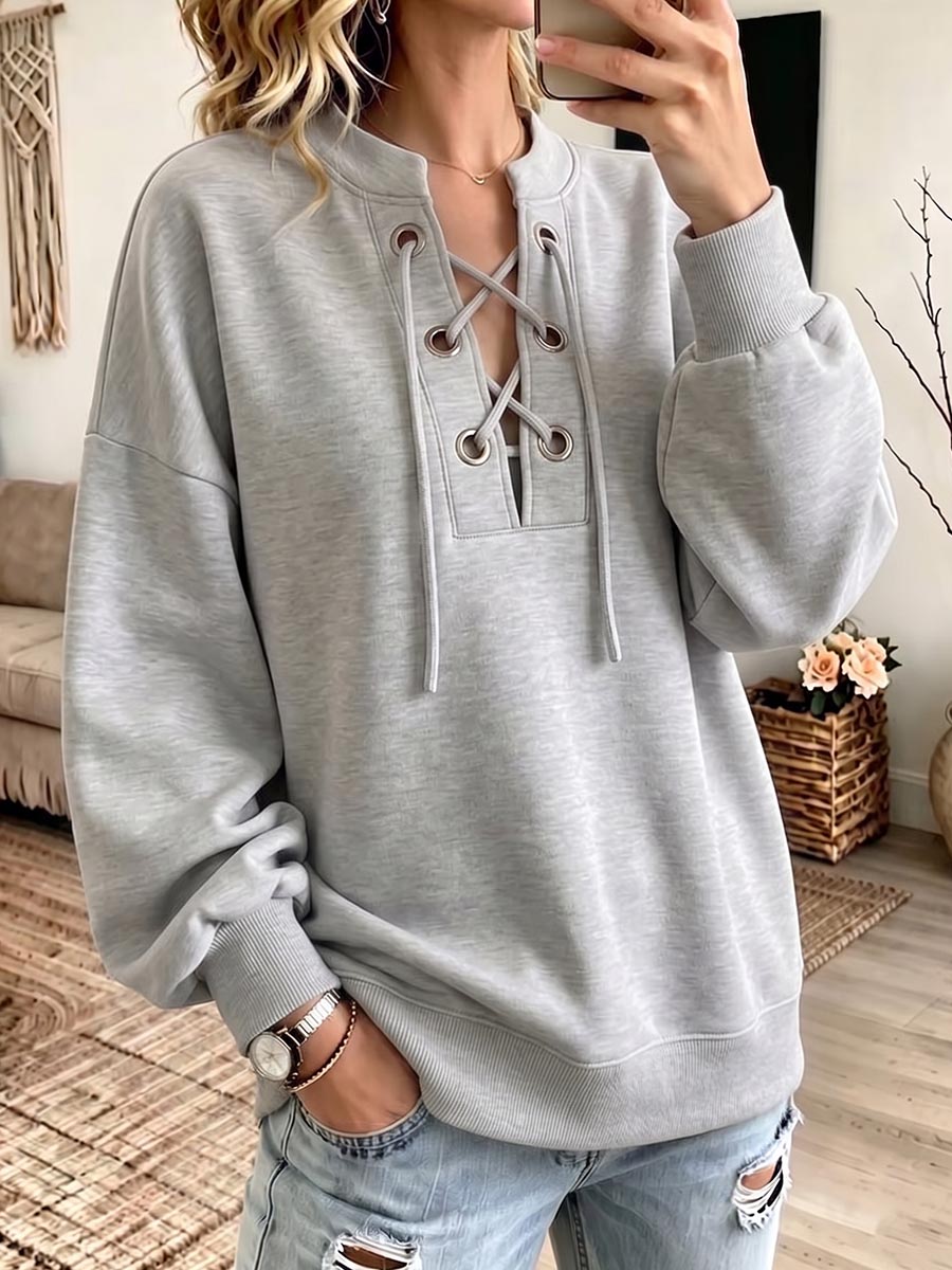 Women's V-neck Long-sleeve Cut-out Lace-up Casual Loose Pullover Top