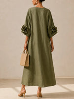 Elegant Mid-length Linen-cotton Blend Dress With 3d Floral Appliqué