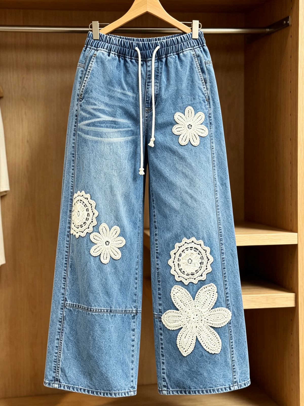 Cozy Bohemian Denim Wide-leg Pants With Crochet Flower