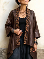 Edgy Leopard-Print Trim Faux-Leather Cardigan