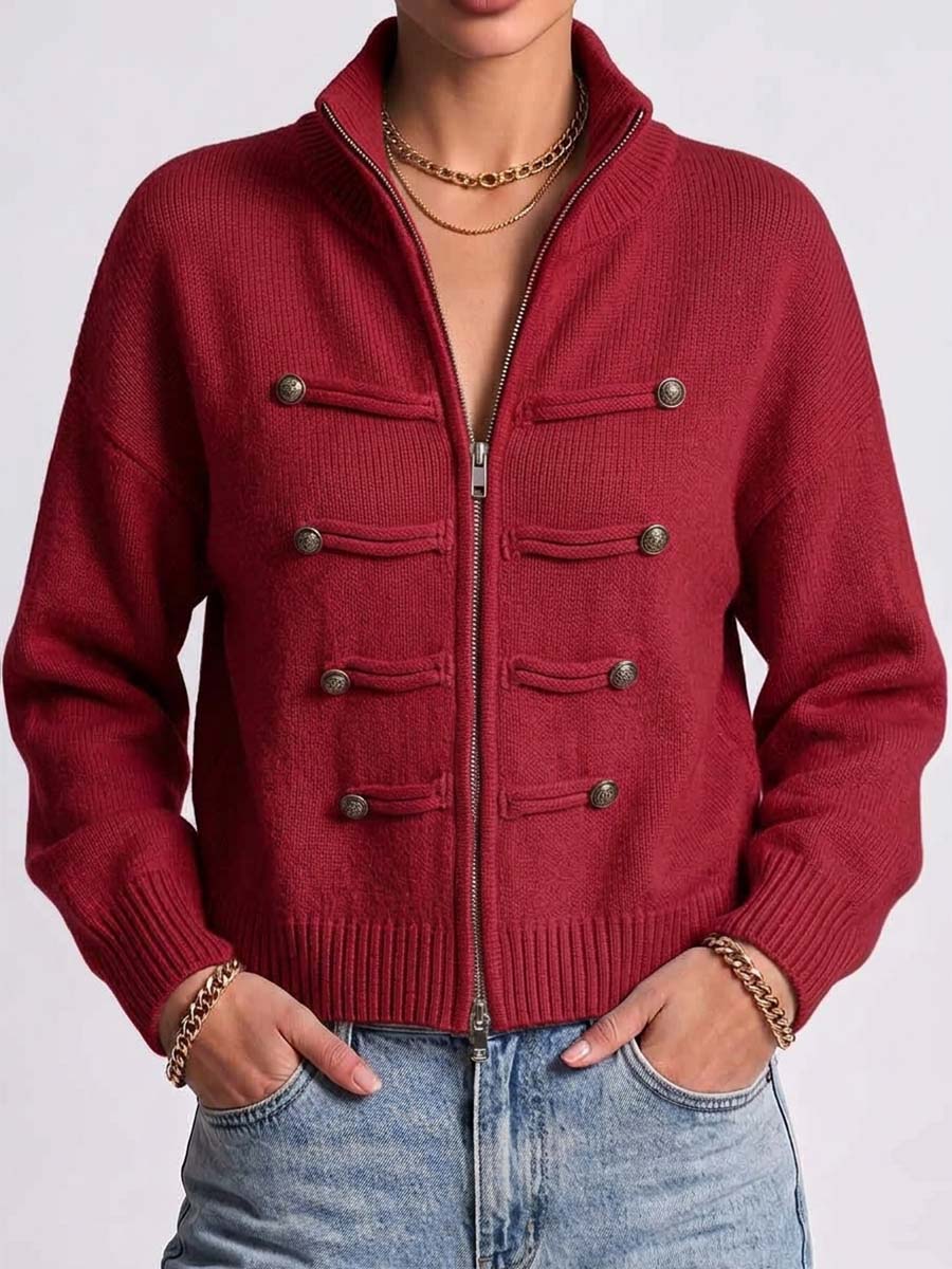 Women's Solid Color Stand Collar Long Sleeve Casual Loose Knit Cardigan