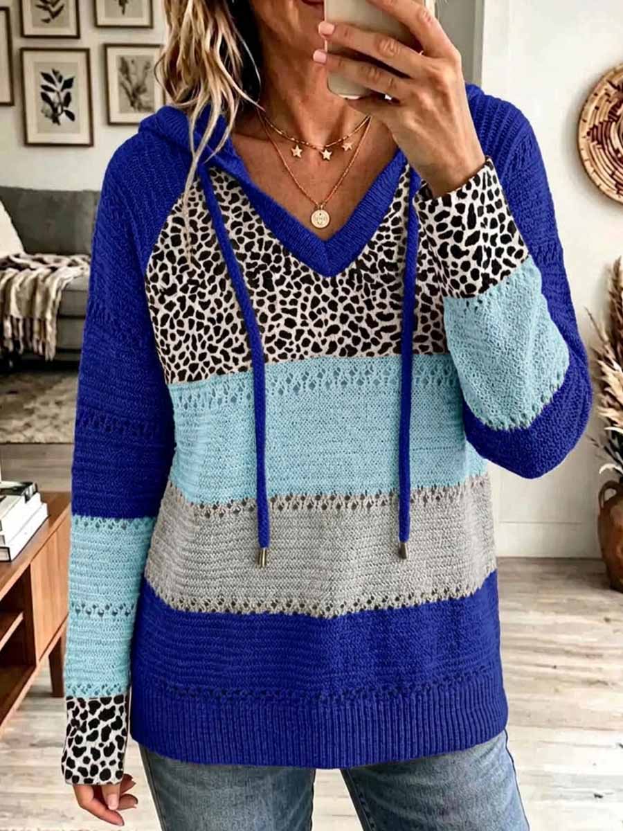 Women's Color-blocked Leopard Print V-neck Long-sleeved Casual Loose Hooded Knit Pullover
