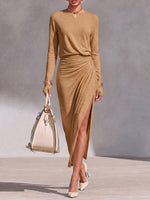 Women's Solid Color Round Neck Long Sleeve Casual Loose Slit Knitted Dress