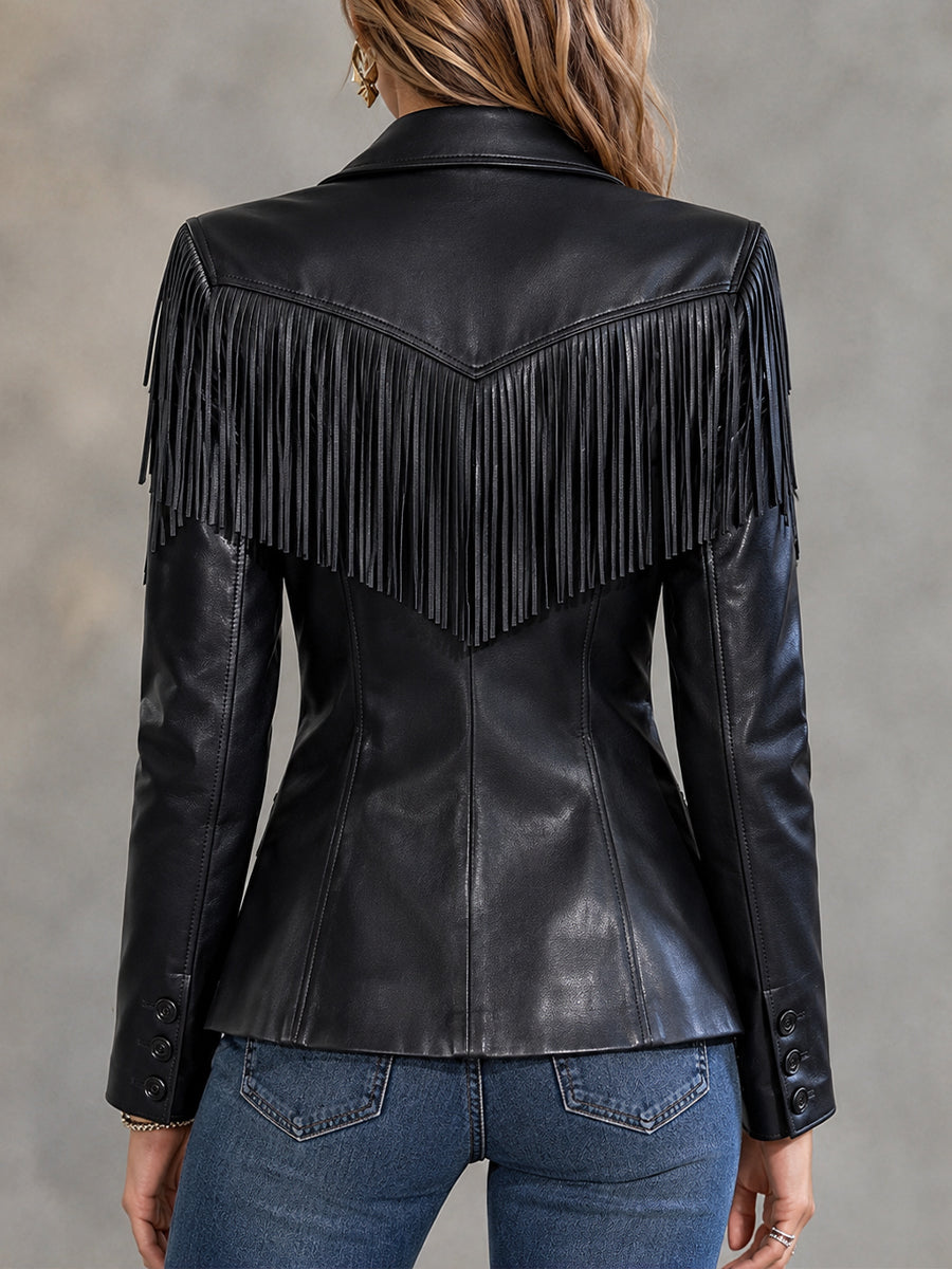 Chic Faux-leather Blazer With Tassel Trim