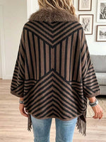 Women's Striped Printed Long-sleeved Casual Loose-fitting Fringed Mink Fur Patchwork Knit Cardigan
