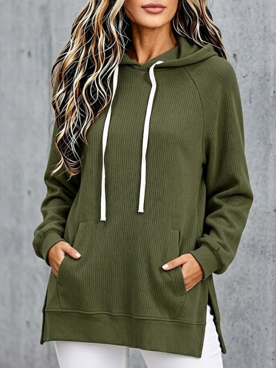 Oversized, Mid-length Corduroy Hooded Pullover With Pockets