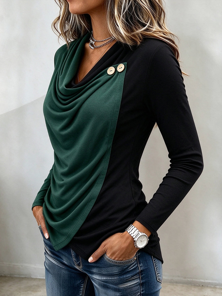 Chic Colorblock Long-sleeve Knit Top With A Draped Effect