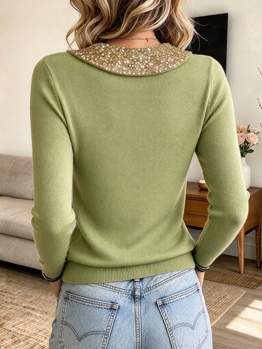 Chic Sequin-collar Tie-neck Knit Top