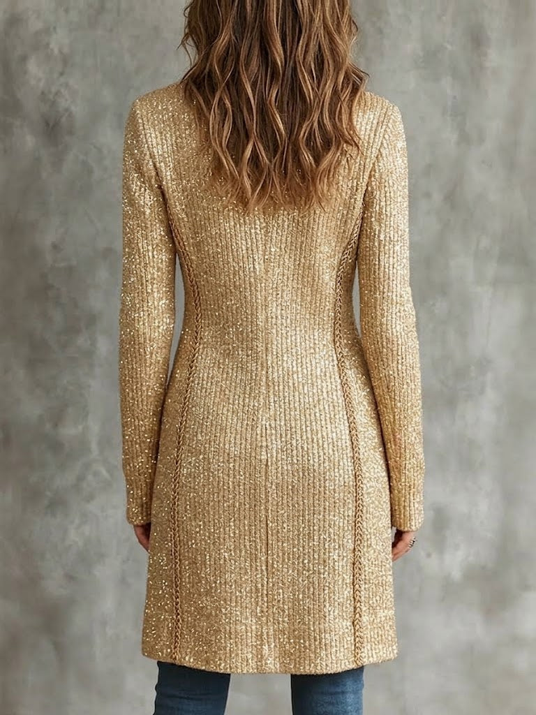 Chic Shimmer Ribbed Knit Long Cardigan