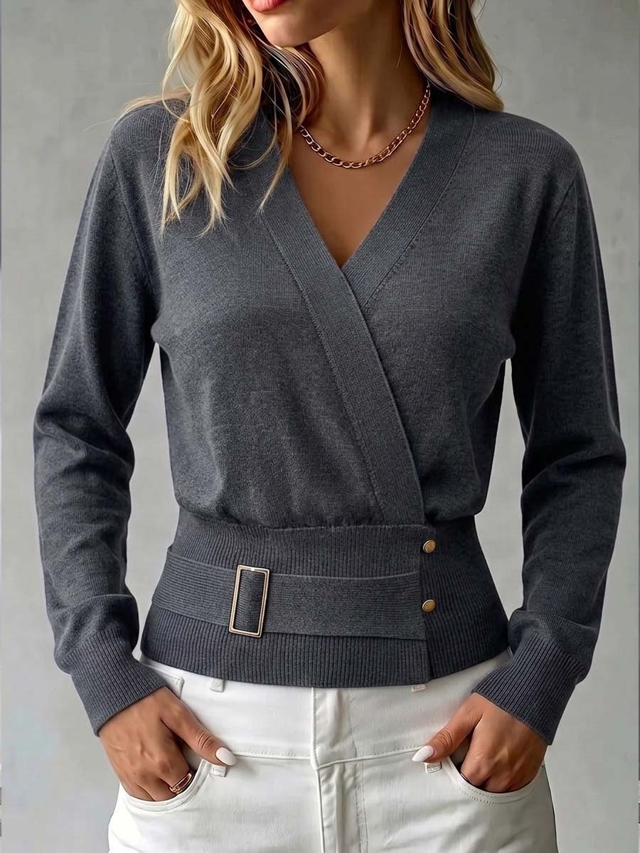 Women's Solid Color V-neck Long Sleeve Casual Loose Knit Top