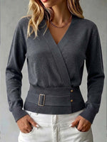 Women's Solid Color V-neck Long Sleeve Casual Loose Knit Top