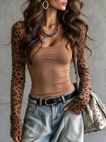 Casual Slim-fit Long-sleeve T-shirt With Leopard Print Paneling