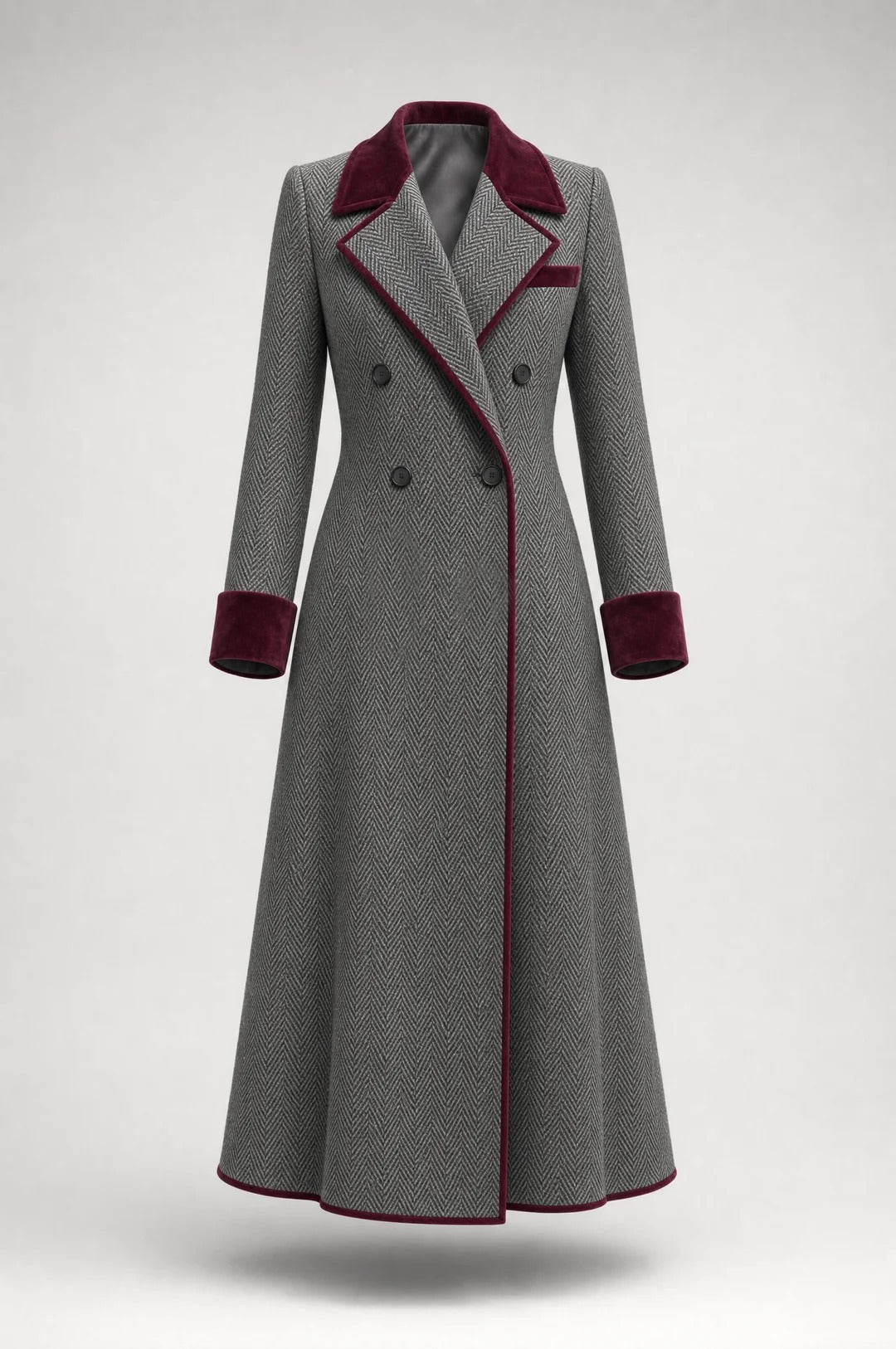 Elegant Herringbone Wool-blend Long Coat