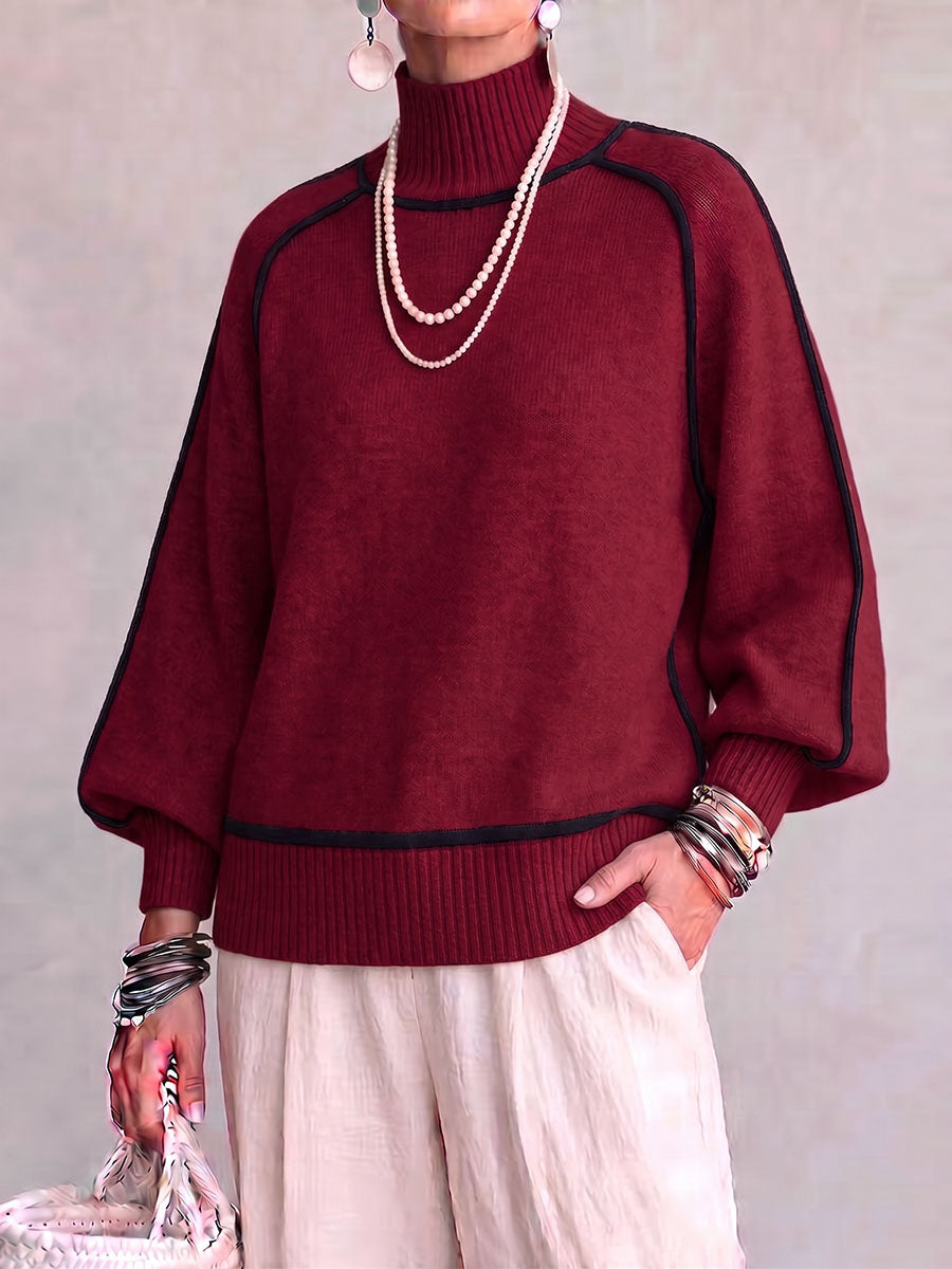 Women's High-neck Long-sleeved Casual Loose Color-blocked Pullover Knit Sweater