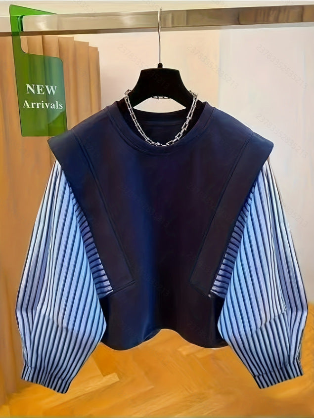 Casual Cotton Knit Sweatshirt With Striped Sleeve Panels