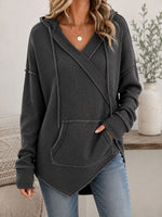 Casual Olive Green Waffle-Knit Crossover Hoodie