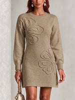 Solid-color Crew-neck Sweater-style Casual Long-sleeved Dress With Embroidery
