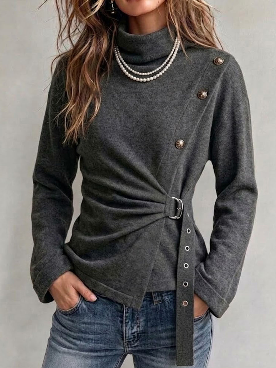 High-neck, Side-button, Belted-waist Knit Top