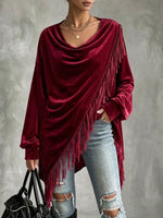 Women's Solid Color Cowl Neck Long-sleeve Loose Casual Tassel Top