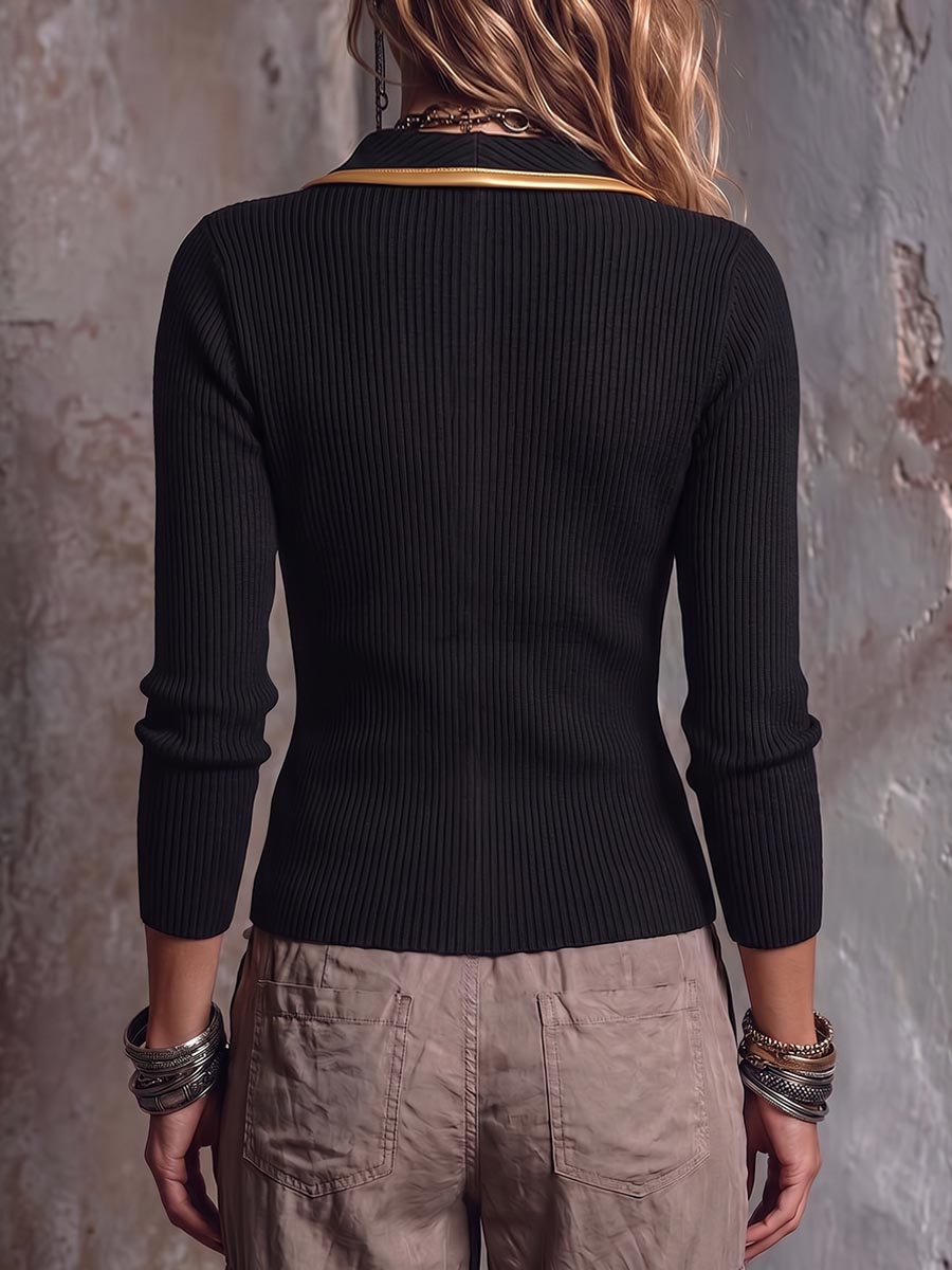 Women's Collared Long-sleeved Casual Loose-fitting Color-blocked Knit Sweater With Gold Trim
