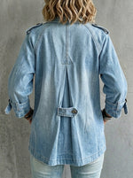 Vintage Washed Denim Pea Coat – Lapel Collar Utility Jacket