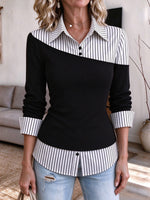 Chic Asymmetric Colorblock Striped Two-In-One Blouse