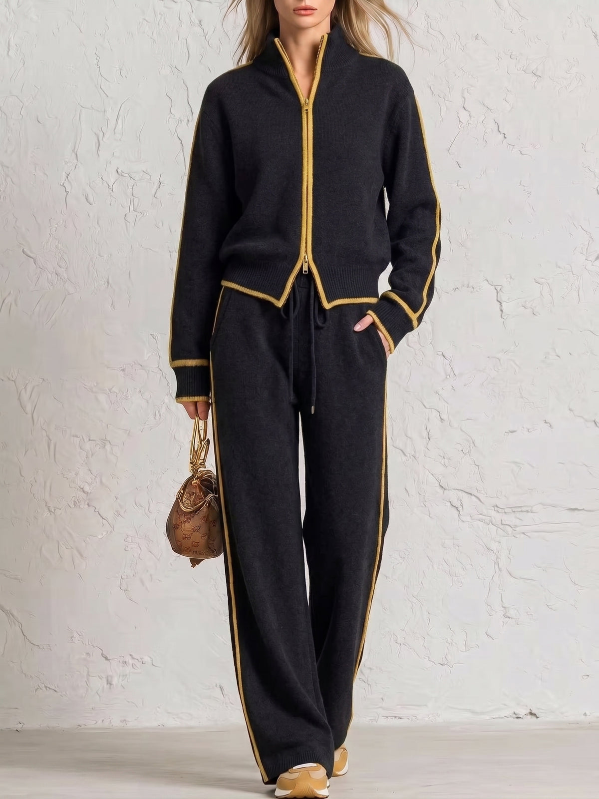 Chic Color Block Trim Knit Loungewear Set