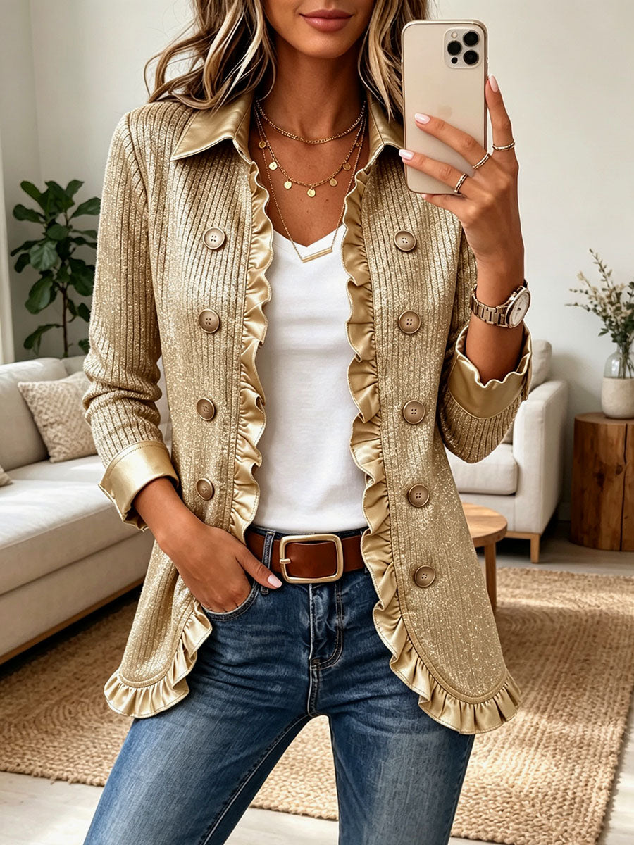 Chic Metallic Gold Ribbed Ruffle Blazer Jacket
