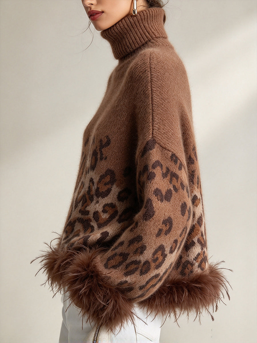 Chic Ombré Leopard-print Feather-trim Turtleneck Knit Top