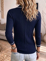 Striped Trim V-neck Ribbed Polo Sweater