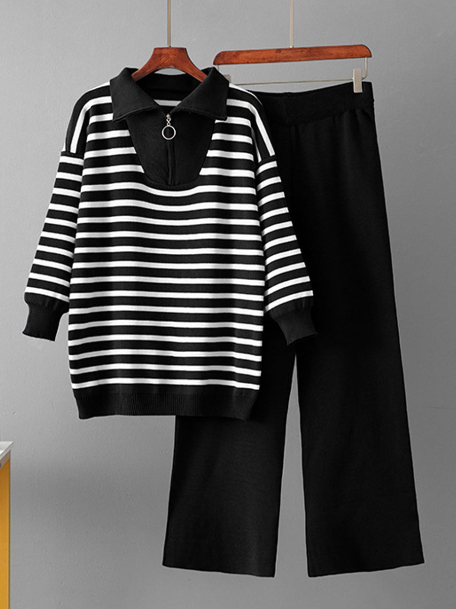 Cozy And Casual Two-piece Set Featuring A Striped Half-zip Knit Pullover And Solid-color Knit Trousers.