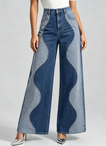Stylish Casual Color-block Denim Jeans With Wavy Patterns