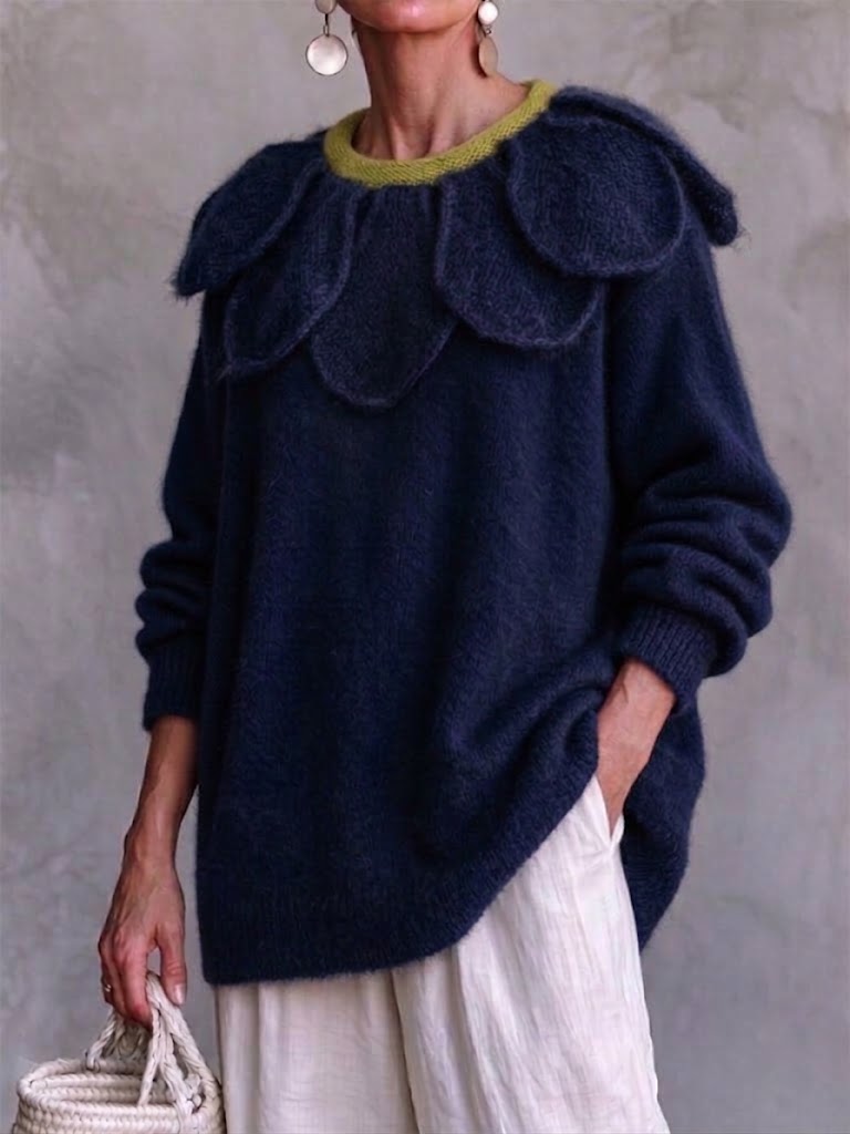 Oversized Knit Sweater With Large Floral Motif And Contrasting Collar