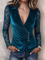 Elegantly Ruched Velvet & Lace Long-Sleeve Top