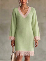Color-block V-neck Fringed Knit Dress