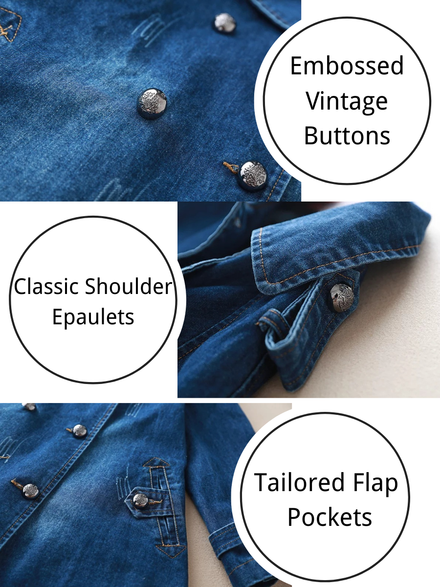 Vintage Washed Denim Pea Coat – Lapel Collar Utility Jacket
