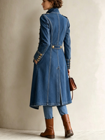Chic Military-inspired Long Denim Coat