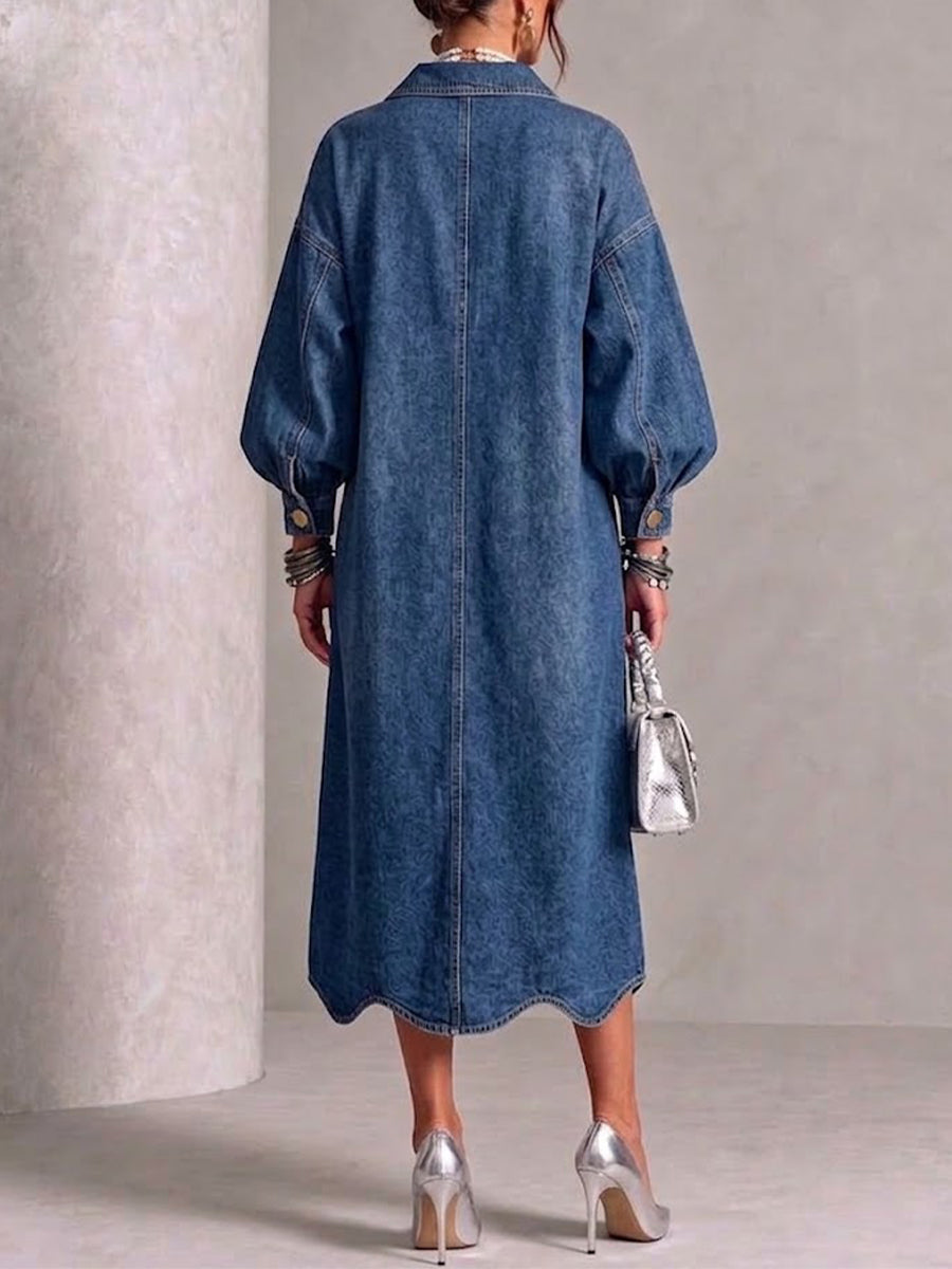 Lapel Gold‑button Balloon‑sleeve Wave‑hem Denim Dress