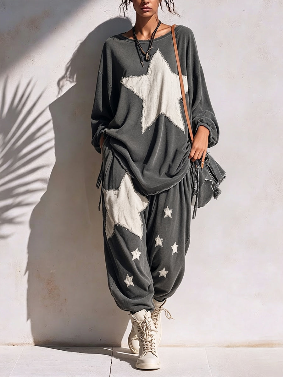 Relaxed-fit Casual Cotton Sweatshirt Set With "star Patchwork" And Raw-edge Detailing.